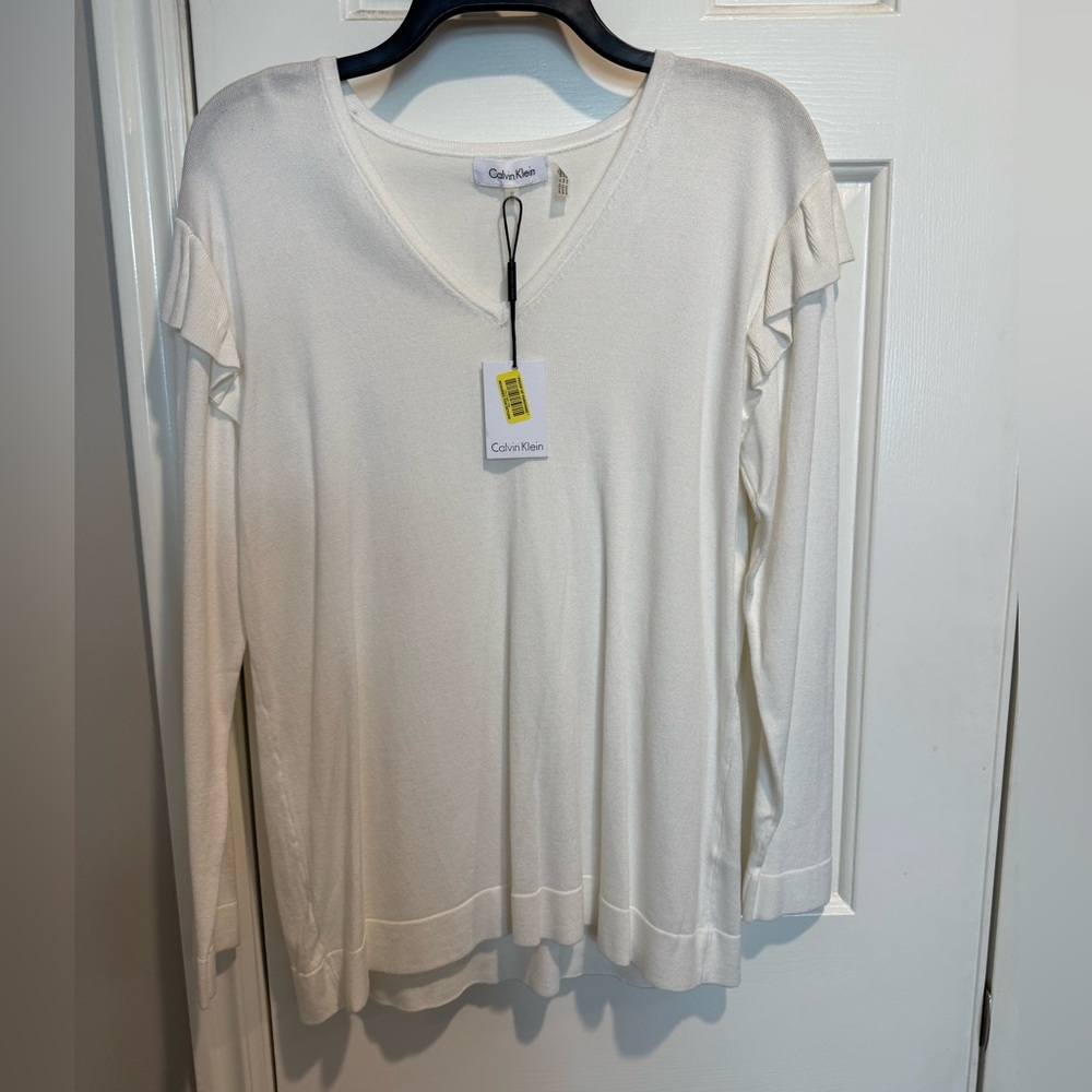 Calvin Klein Cream V-Neck Long Sleeve Top with Shoulder Ruffle